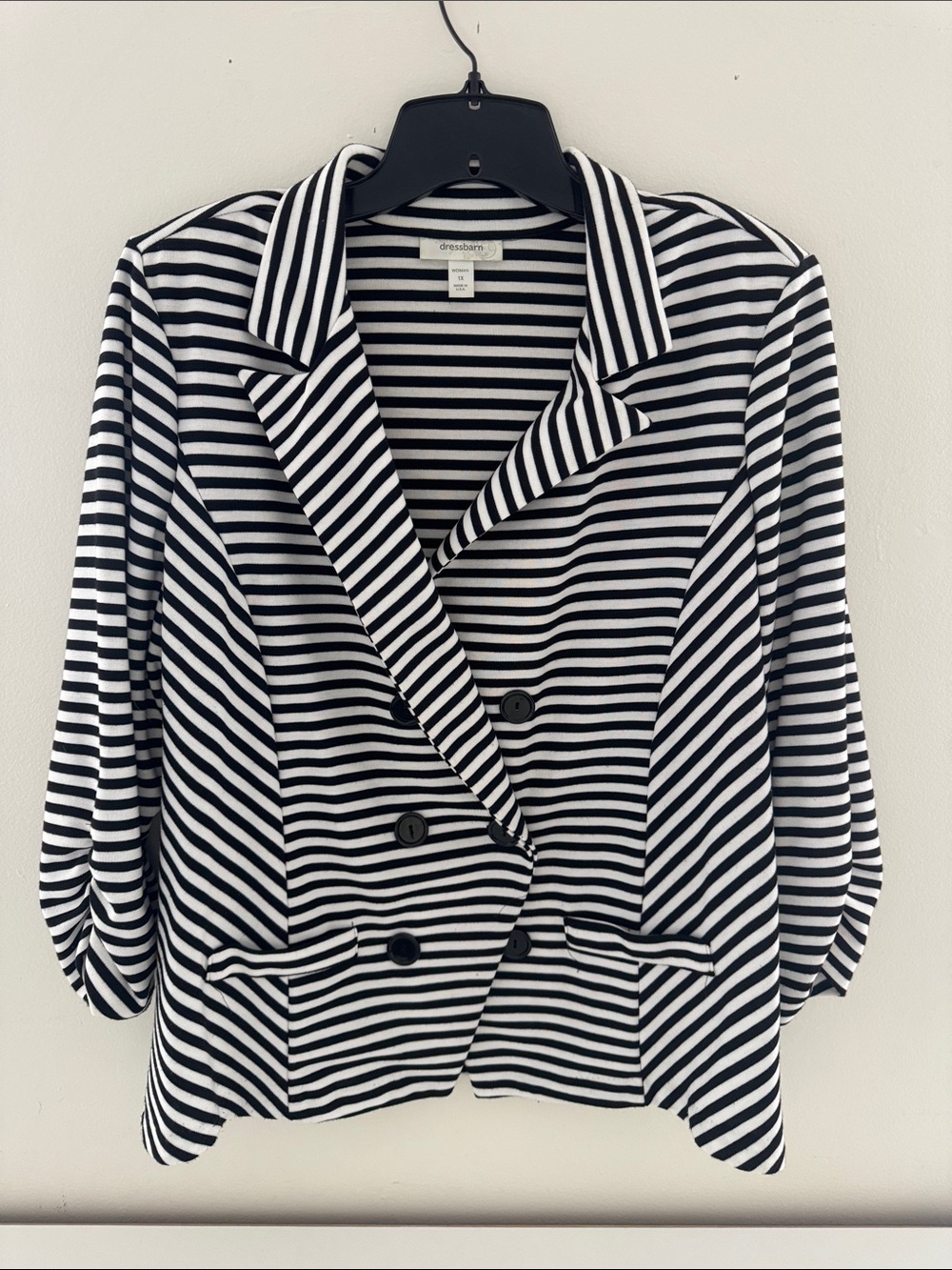 dressbarn Black and White Striped Double-Breasted Blazer